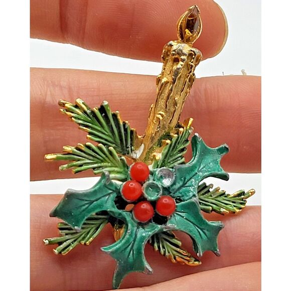 Vintage Christmas Candle Brooch Pin Enamel with Rhinestone Flame Signed Roma 2in - Picture 4 of 4